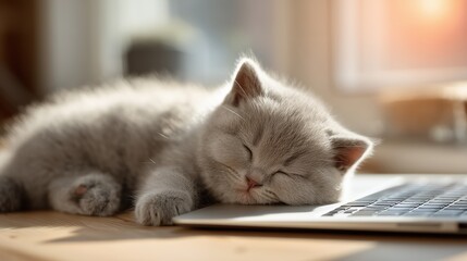 Sleepy kitten napping on laptop keyboard in sunlit home office