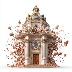 Collapsing Baroque Church with Debris and Rubble on White Background, Destruction