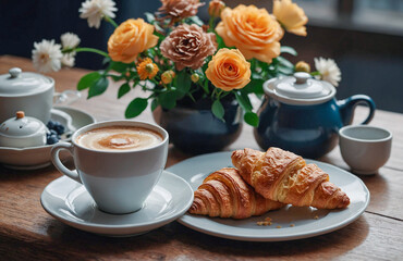 Cozy Floral Table With Croissants, Cappuccino, And Deep Yellow Garden Roses