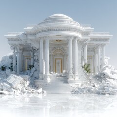 Surreal White Marble Building Ruins with Golden Accents and Water Reflection