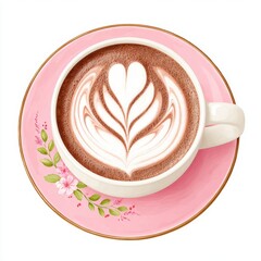 Latte Art Coffee Cup on Pink Floral Saucer, Top View, Isolated on White
