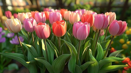 Tulip cluster, mixed colors, bright light, up close