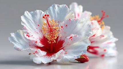 Elegant White Hibiscus Blossom with Red Accents and Detailed Stamens