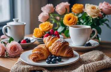 Elegant Breakfast With Peach Roses, Croissants, Tea, And Gentle Morning Light
