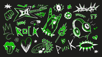 Punk scribble doodles: skulls, stars, pins, lightning, grunge style