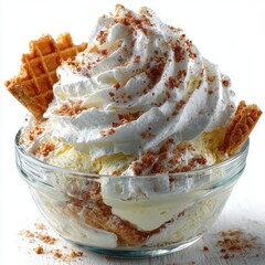 Delicious Vanilla Ice Cream Sundae with Waffle Pieces, Whipped Cream and Crumble Topping