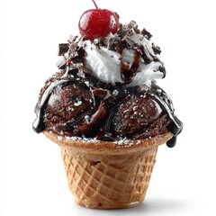 Delicious Chocolate Ice Cream Cone Sundae with Whipped Cream and Cherry Topping