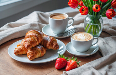 Minimalist Breakfast Scene With Croissants, Coffee, Strawberries, And Tulip Accents