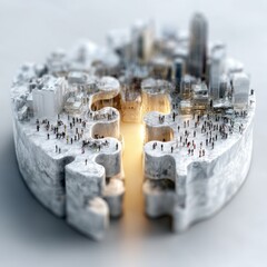 Conceptual Cityscape Puzzle with Miniature People and Glowing Gap, Abstract Urban Design
