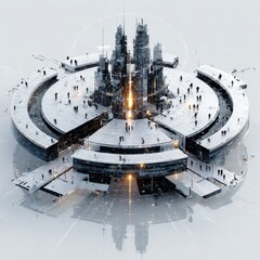 Futuristic Cityscape on Circular Platform with People, Advanced Technology Concept