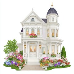Elegant Victorian House with Lush Flower Gardens and White Exterior on White Background