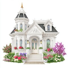 Elegant White Victorian House with Tower and Lush Flower Gardens Illustration