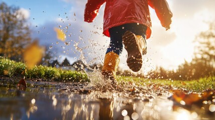 Child in red raincoat running exuberantly into a puddle under clearing storm clouds