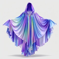 Elegant iridescent hooded cloak with flowing fabric and golden clasp