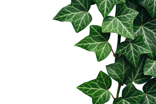 Ivy leaves cascading from upper right corner showing natural growth pattern and botanical details, isolated on a transparent background