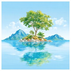 Idyllic Tropical Island with Lush Vegetation, Flowers, and Mountain Backdrop Reflection