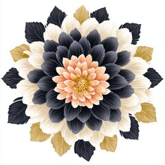 Elegant Floral Mandala with Peach Center, Black and Cream Petals on White