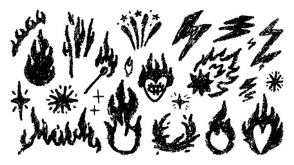 Hand-drawn crayon fire texture set with rough sketchy flame elements