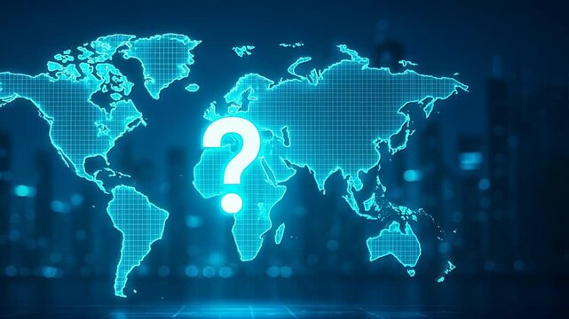 Glowing world map with a prominent question mark at its center set against a futuristic city skyline, question mark, root cause analysis, question sign