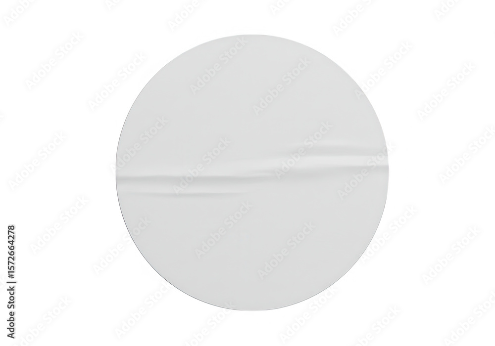 Poster a single white round paper sticker with a subtle wrinkle, isolated on white, ideal for product label