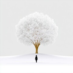 Solitary Woman Walking Towards a Snowy Tree in a Minimalist Winter Landscape