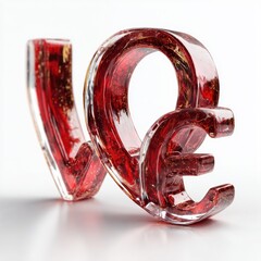 Elegant Glass Love Sculpture with Red and Gold Inclusions on White Background