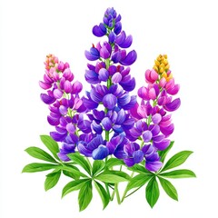 Vibrant Purple and Pink Lupine Flowers with Green Leaves on White Background