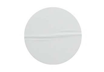A single white round paper sticker with a subtle wrinkle, isolated on white, ideal for product labeling isolated on transparent background