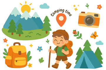Colorful collection of camping set in cartoon flat style. Vector design of a hiker, backpack, tent, mountains, camera and forest elements. Bright and playful design perfect for kids and travel themes.
