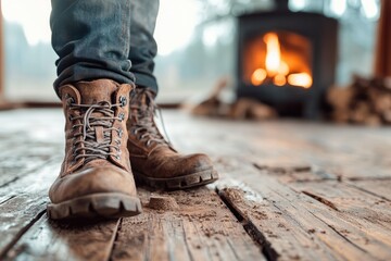 Brown boots on wooden floor near fireplace
