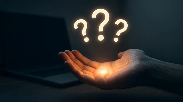 A hand holding a three glowing question marks against a laptop, question mark, root cause analysis, question sign,