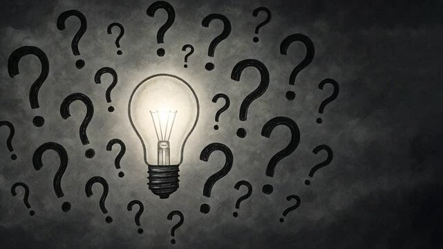 A glowing lightbulb at the center of a cloudy sky with question marks scatter around it, question mark, root cause analysis, question sign