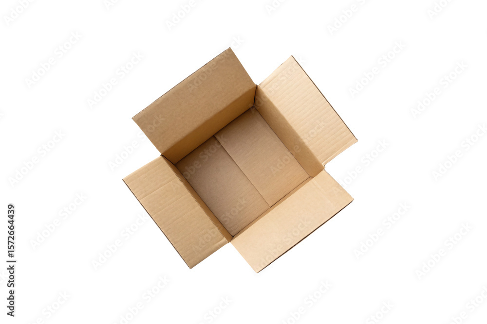 Poster open empty cardboard shipping box with brown corrugated material and unfolded flaps for packaging st