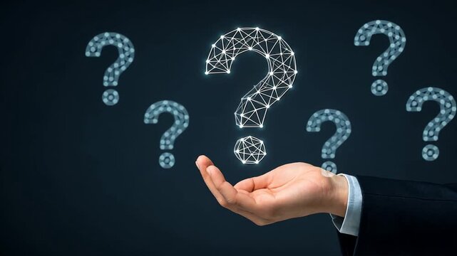 A businessman holding a question mark icon made by digital dots and lines on a dark background, question mark, root cause analysis, question sign,