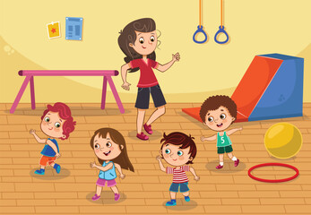Kids Doing Gym Activities - Fun Cartoon Sports Illustration