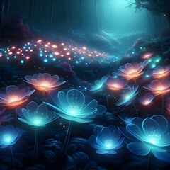 A magical forest scene at night, illuminated by glowing, bioluminescent flowers in vibrant shades of blue and orange, creating a mystical pathway.