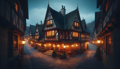 A picturesque European village street at dusk, lined with charming half-timbered houses illuminated by warm glowing lanterns
