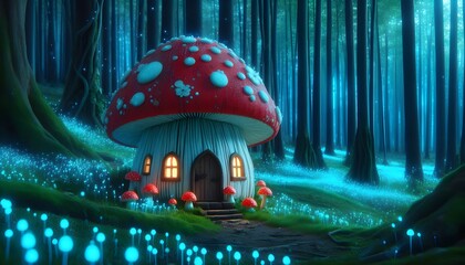 A whimsical mushroom house with a red spotted cap and glowing windows, nestled in a mystical forest illuminated by bioluminescent plants.