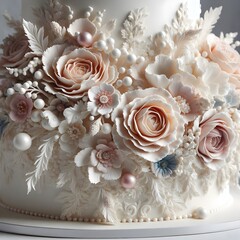 A close-up of an exquisitely decorated wedding cake, adorned with intricate sugar flowers, pearls, and delicate edible details in soft pastel tones.