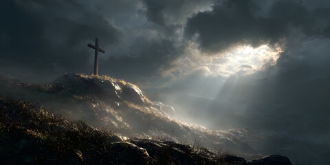 Dramatic landscape with glowing cross under stormy sky and rays of light