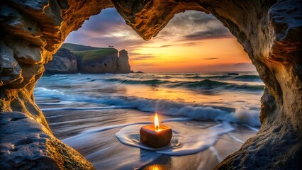 Photo of a heartshaped rock formation frames a tranquil beach scene at sunset, with a lit candle floating gently in the shallows, creating a romantic and serene atmosphere