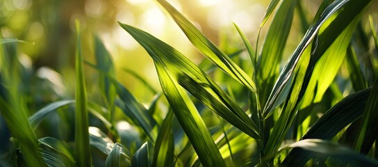 Green leaves in sunlight close-up with natural bokeh