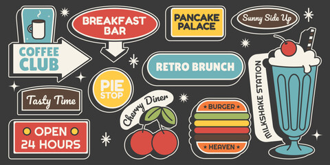 Retro sticker set. Diner and cafe food signs in vintage midcentury style. Vector illustration on black background