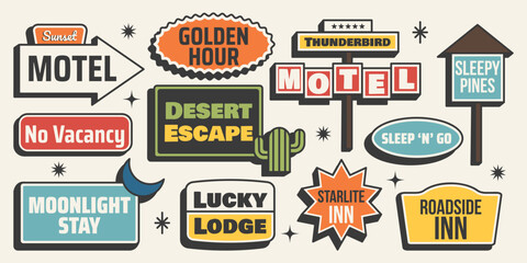 Retro sticker set. Motel signboards, direction signs, words, retro summer vibes and trip elements. Vector illustration in vintage midcentury style