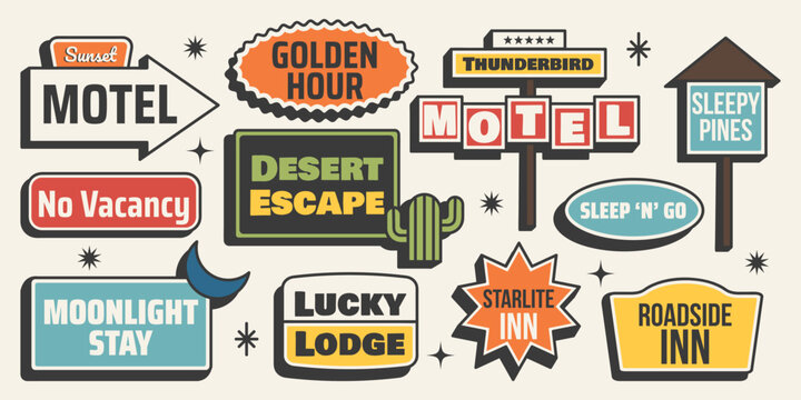 Retro sticker set. Motel signboards, direction signs, words, retro summer vibes and trip elements. Vector illustration in vintage midcentury style