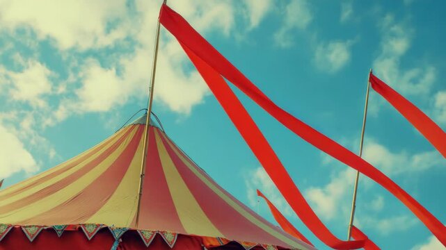 Red and yellow striped circus tent with red flags hanging on the sides, set up for an event or festival.