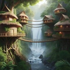 A village of treehouses connected by rope bridges, built amidst a lush, misty jungle with a waterfall and flowing river.