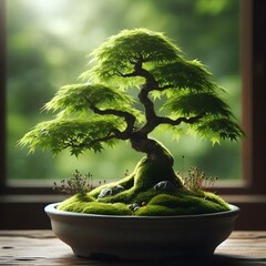A bonsai tree with vibrant green foliage, displayed in a simple pot on a wooden surface against a blurred natural background.