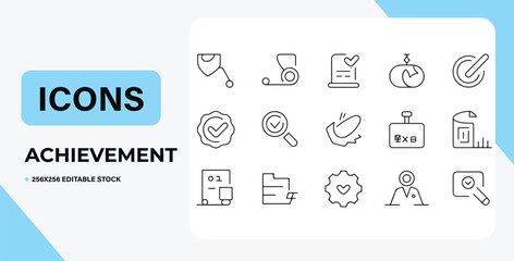 Achievement Icons Collection of 20 Editable Line Icons for Success, Goals, and Progress