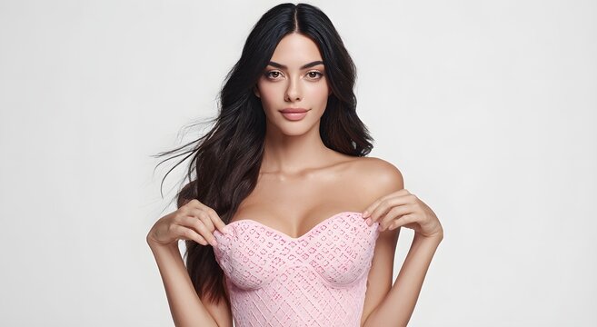 Elegant woman modeling pink lace lingerie in a studio with white background